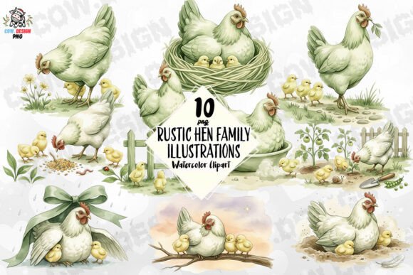 Charming Rustic Hen Family Illustrations for Your Projects