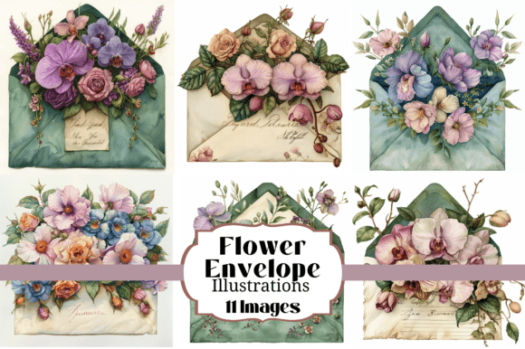 Flower Envelope Watercolor Illustrations: 12 Digital Paper Backgrounds