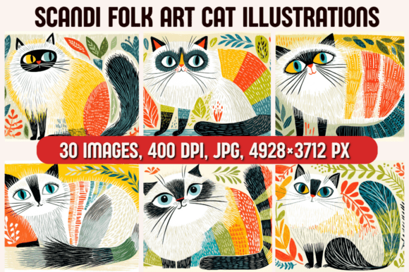 Scandi Folk Art Cat Illustrations: Cozy, Quirky, and Colorful Charm